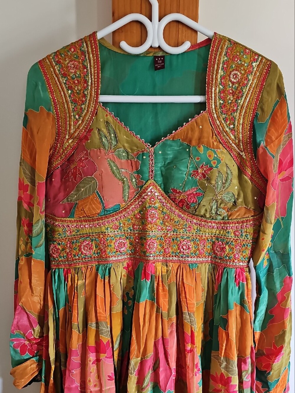 Bohemian Embroidered Floral Midi Dress in Green & Orange